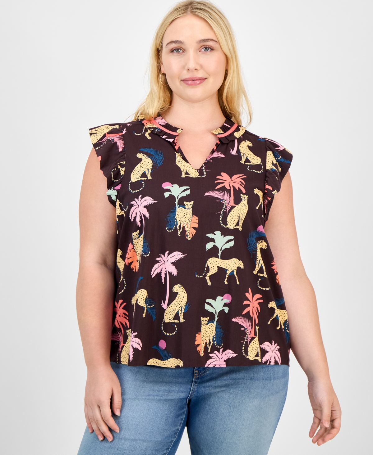 Democracy Trendy Plus Printed Split-neck Flutter-sleeve Top In Brown