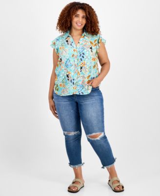 Trendy Plus Size Printed Flutter-Sleeve Top