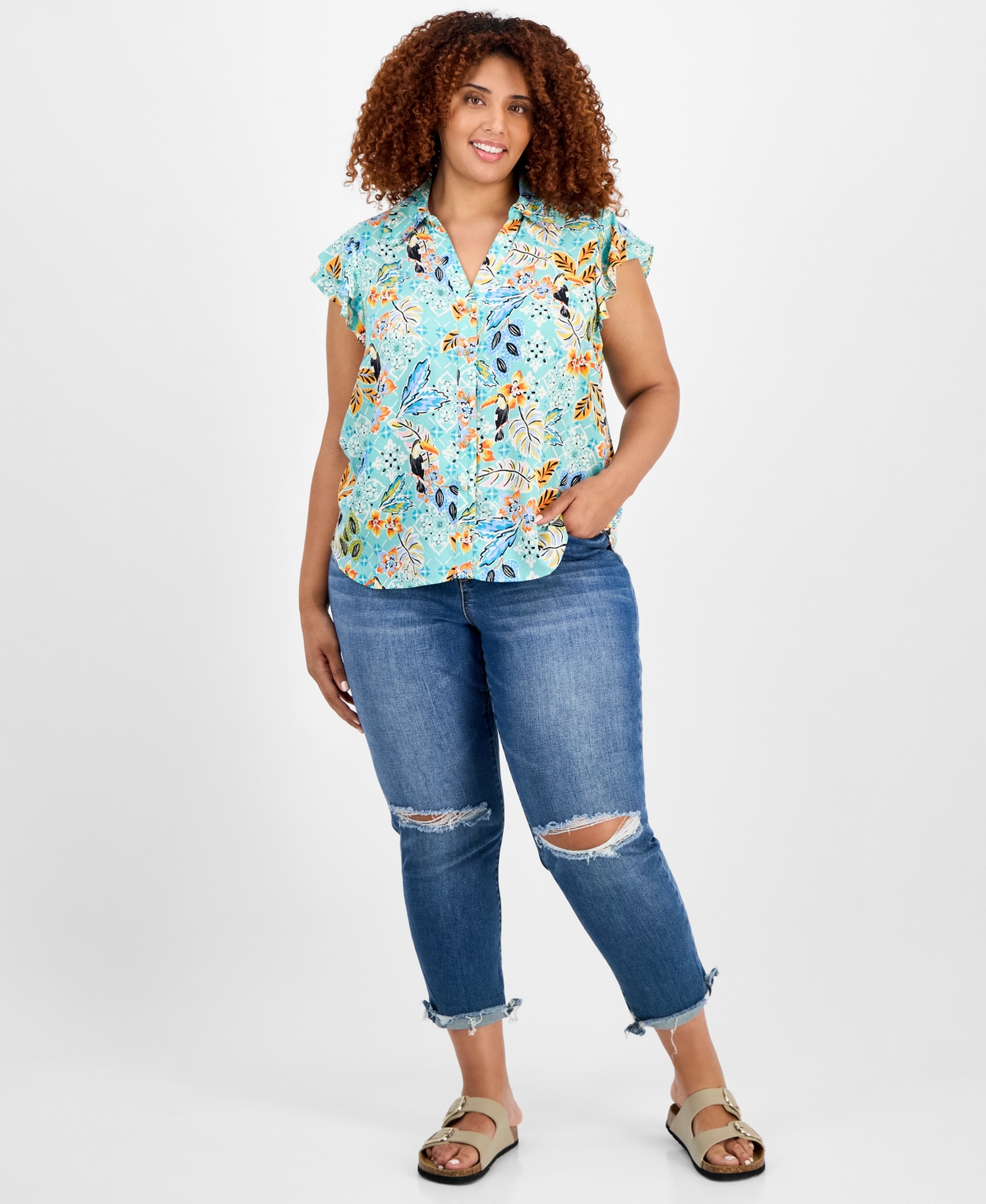 Democracy Trendy Plus Size Printed Flutter-sleeve Top In Blue