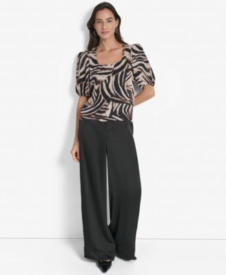 Women's Printed Satin Puff-Sleeve Zipper Top