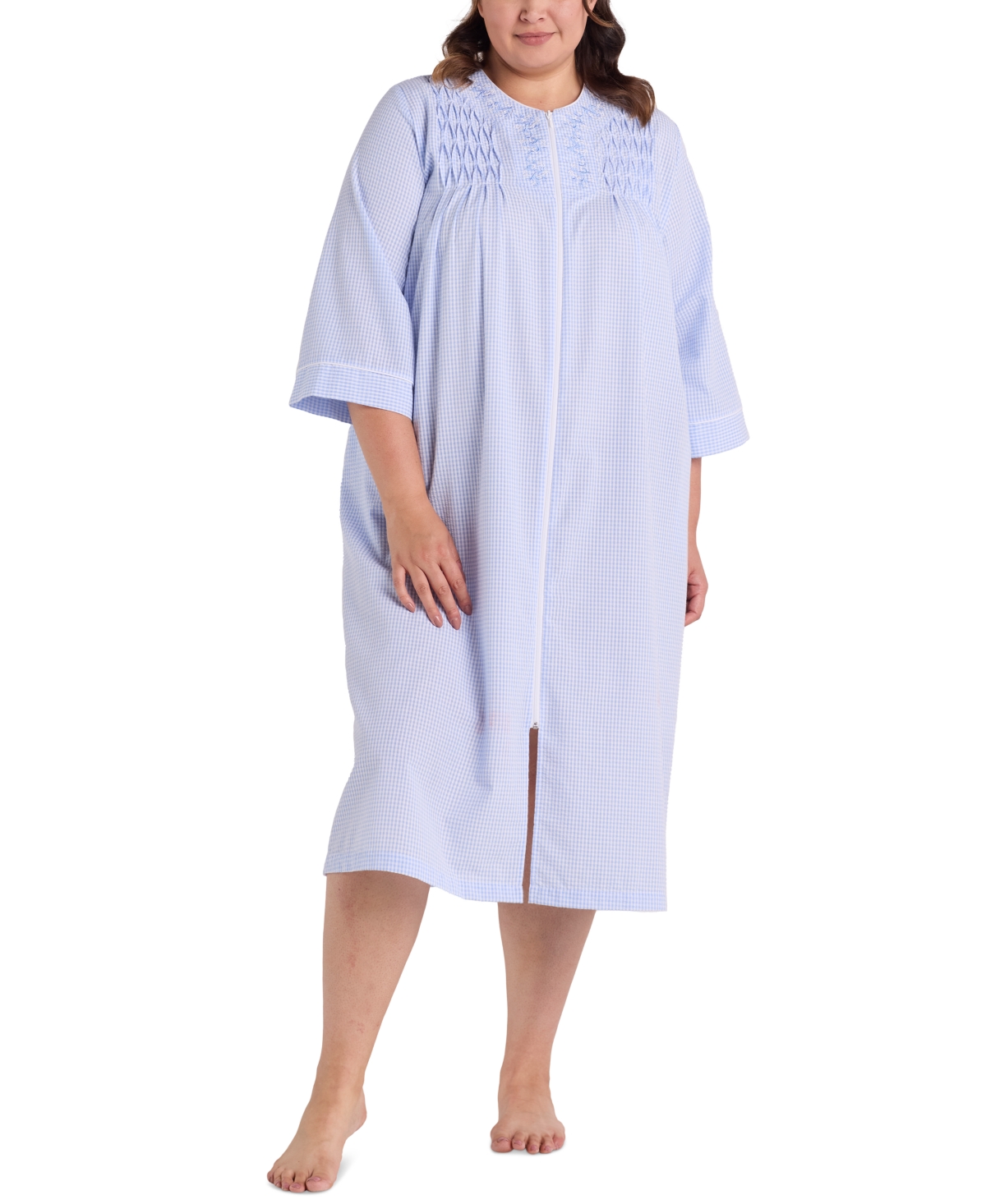 Plus Size 3/4-Sleeve Zip-Front Seersucker Robe - Blue/white Check