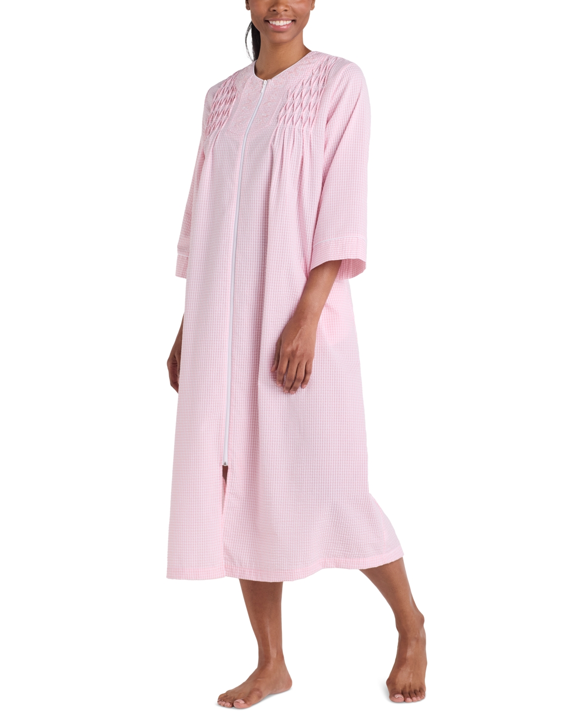 Women's 3/4-Sleeve Zip-Front Seersucker Robe - Peach/white Check