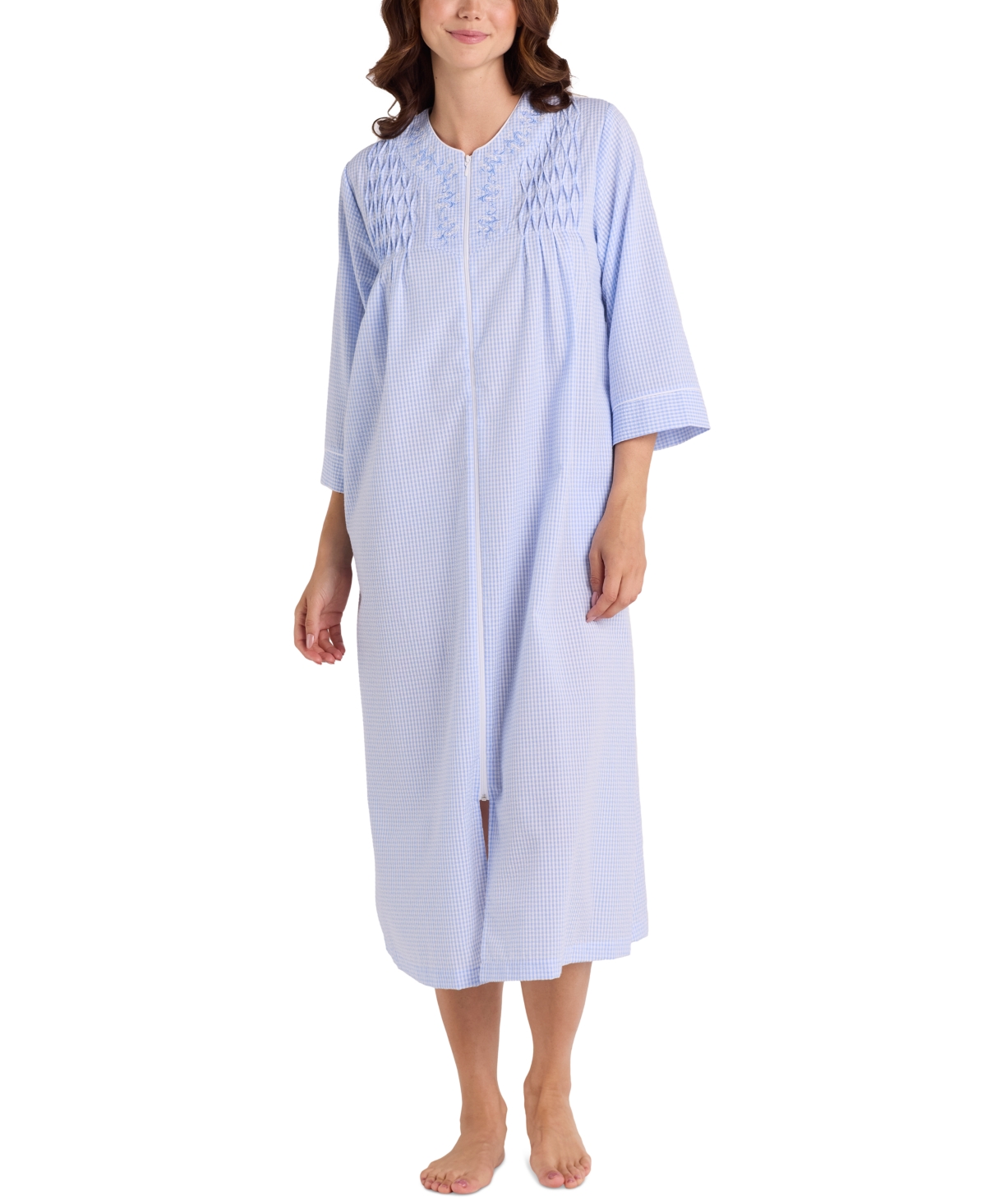 Women's 3/4-Sleeve Zip-Front Seersucker Robe - Peach/white Check