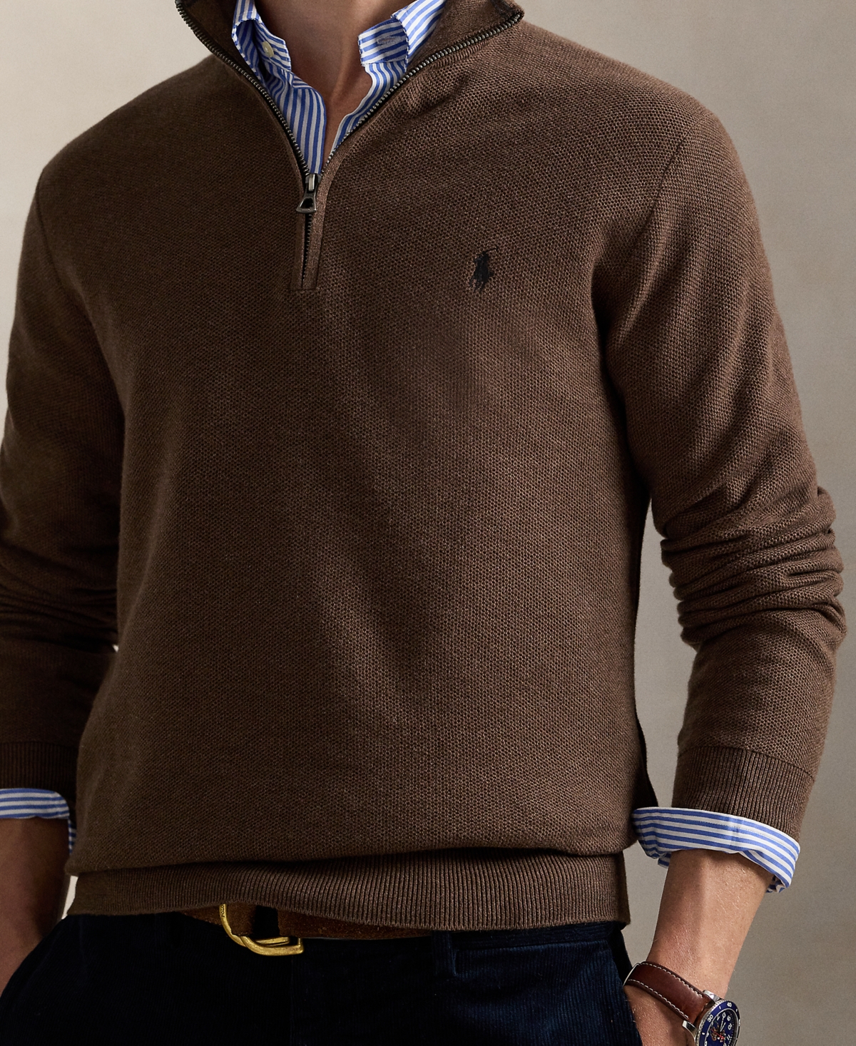 Polo Ralph Lauren Men's Mesh-knit Cotton Quarter-zip Sweater In Brown