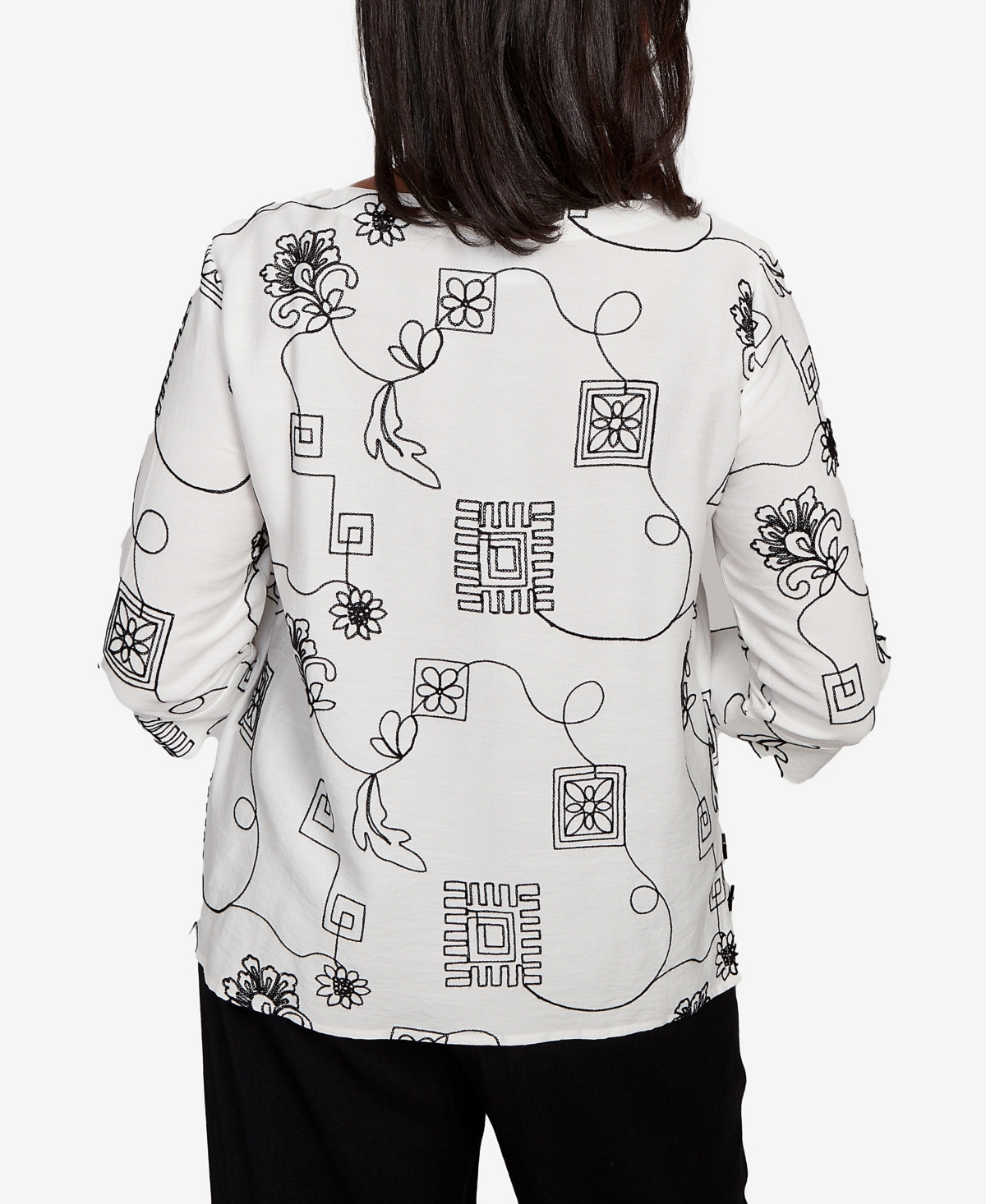 Alfred Dunner Petite Santa Barbara Geometric Floral Soutache Embroidered Top In Multi