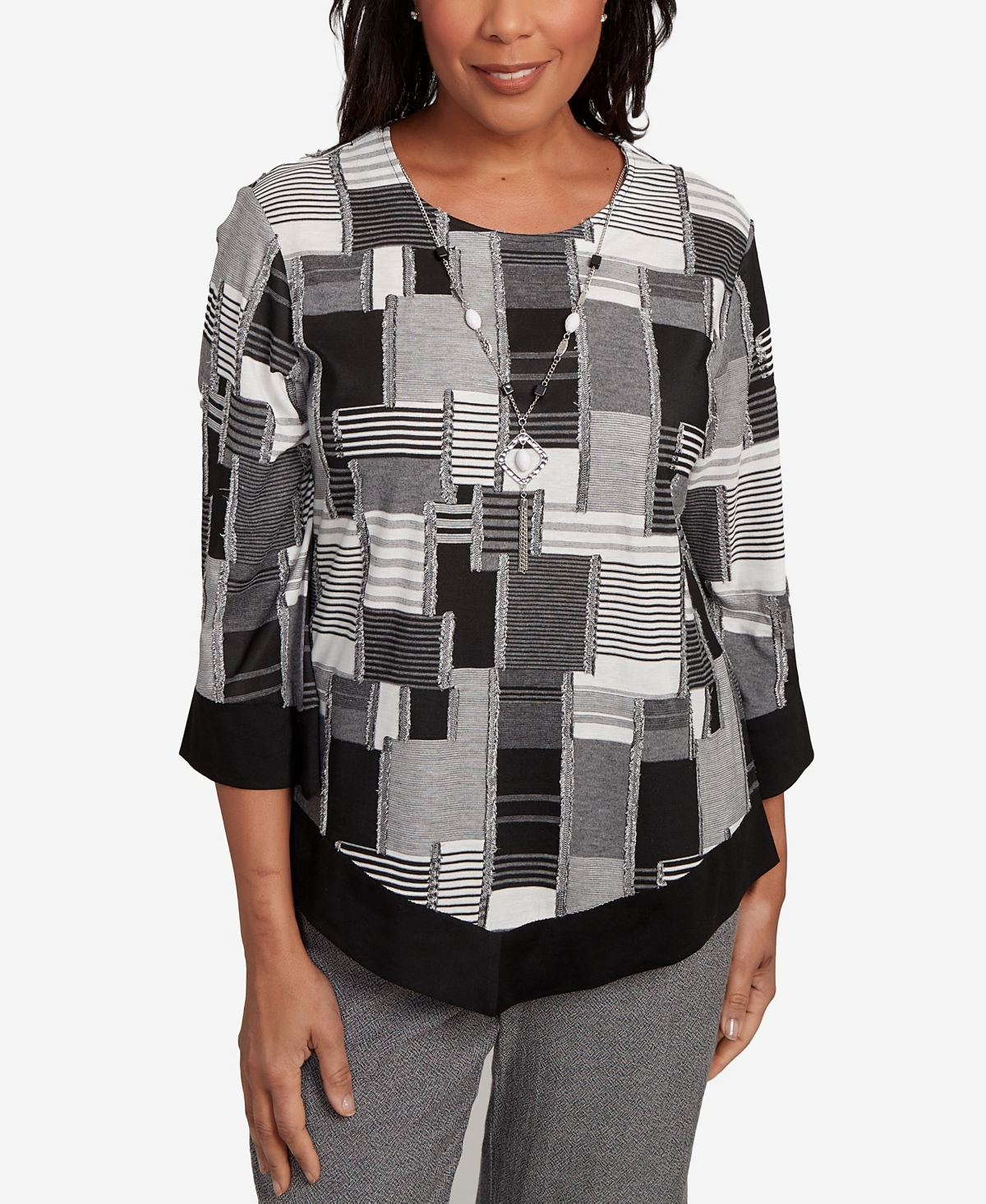 Alfred Dunner Petite Santa Barbara Patchwork Solid Black Trim Top In Multi