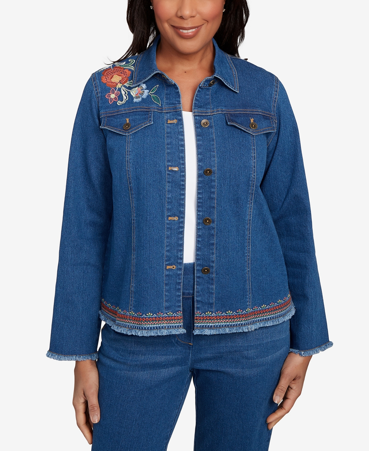 Women's El Paso Floral Vine Embroidered Border Denim Jacket - Medium Indigo