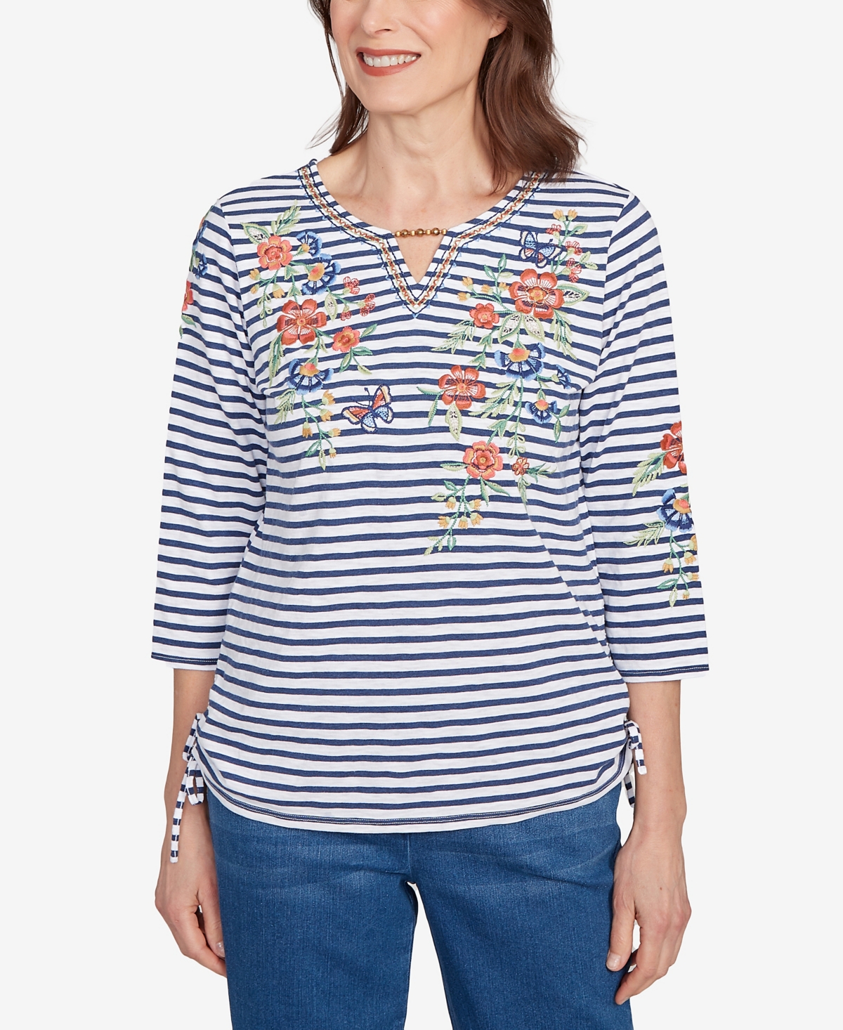 Women's El Paso Floral Stripe Ruched Sides Top - Blue Multi