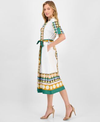 Women's Printed Elbow-Sleeve Tie-Waist Split-Neck Midi Dress