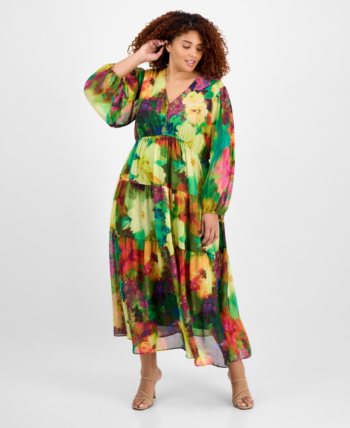 Plus Size V-Neck Tiered Maxi Dress - Purple Multi