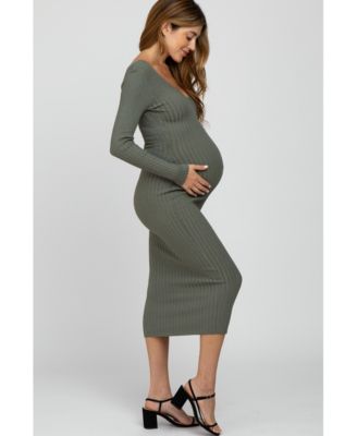 Maternity Light Olive V-Neck Long Sleeve Fitted Maxi Dress