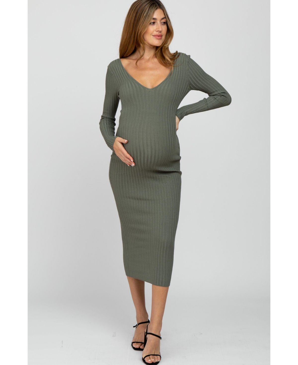 Maternity Light Olive V-Neck Long Sleeve Fitted Maxi Dress - Light olive