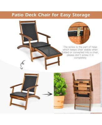 Set of 2 Folding Patio Acacia Wood Deck Chair Rattan Chaise Lounge Chair w/ Footrest