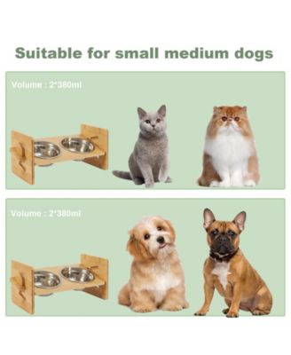   Adjustable Dual Cat Bowl Bamboo Elevated Stand Steel Pet Feeder Bowls
