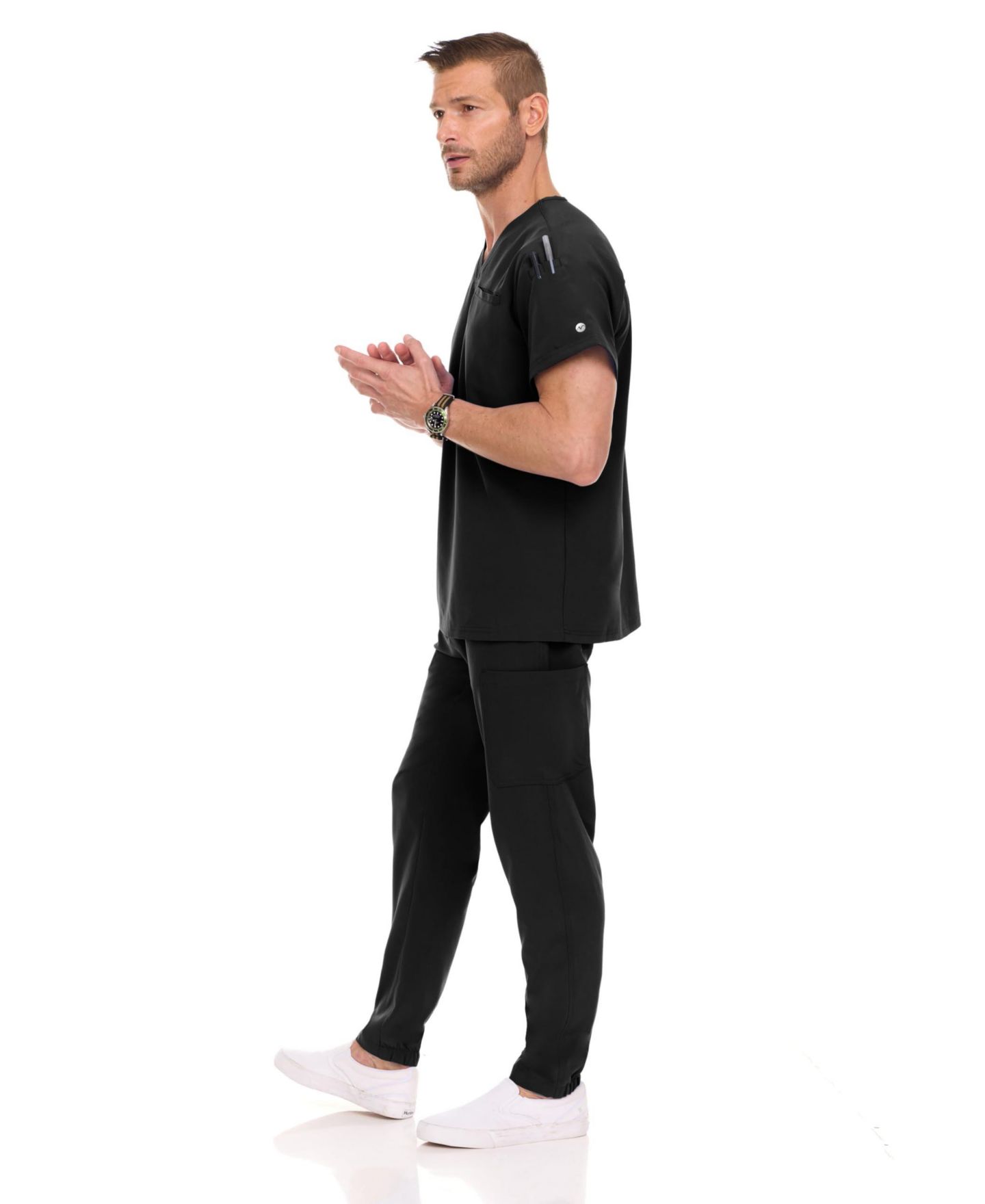 Мужские топы Medichic Men Scrubs Set - Stretch V-Neck Scrub Top with 7-Pocket Pants Workwear Wine Large, цвет: Чёрный — фото 3