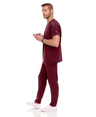 Men's Men Scrubs Set - Stretch V-Neck Scrub Top with 7-Pocket Pants Workwear Wine Large