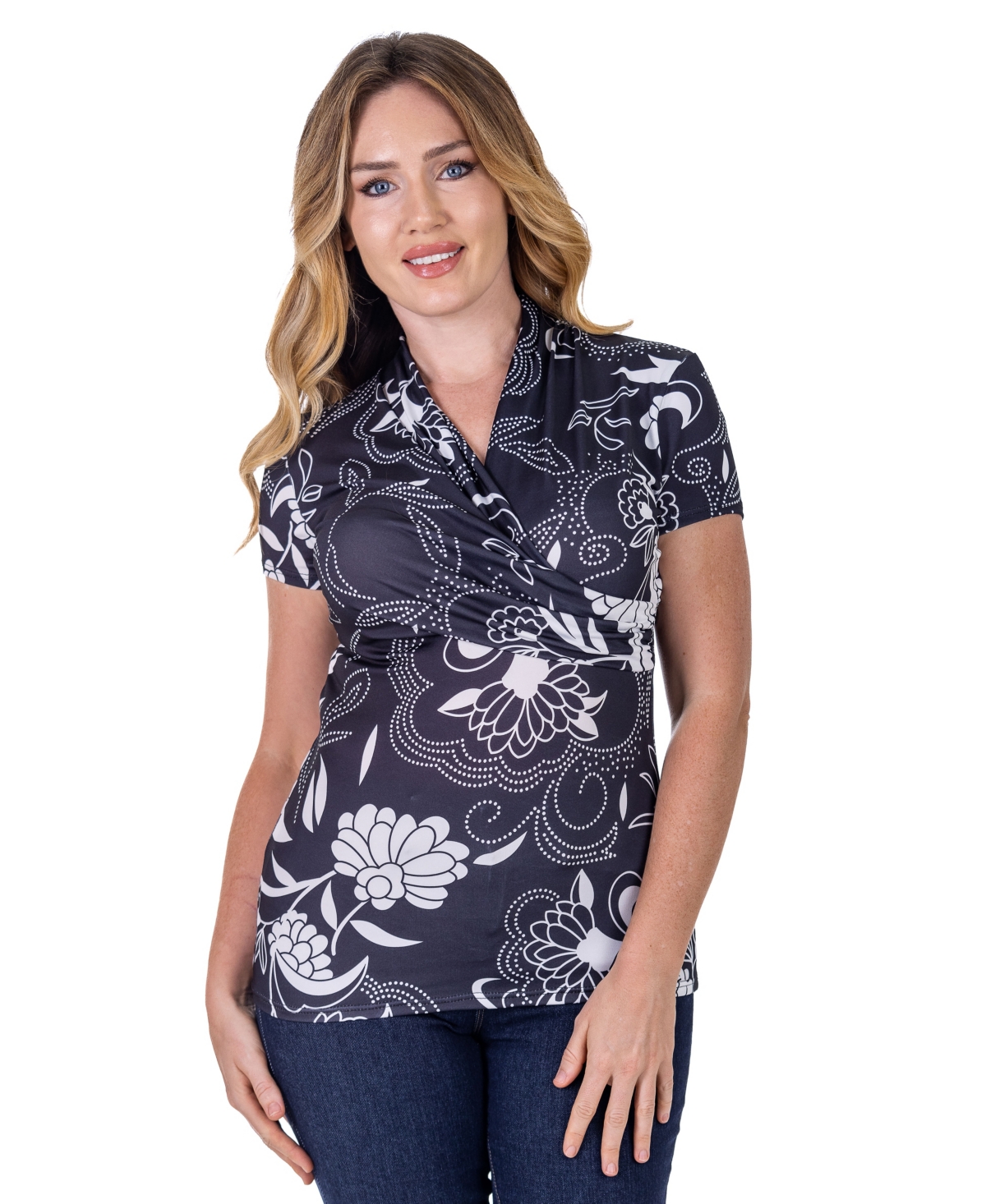 Petite Black and White Short Sleeve V-Neck Wrap Top - Black Multi