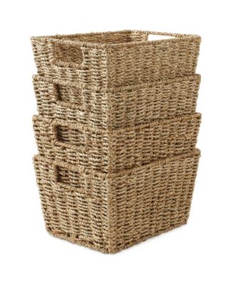 Set of 4 Water Hyacinth Storage Baskets with Handles - Espresso, 12&amp;#x22; x 9&amp;#x22; x 6&amp;#x22; Rectangular Storage Bins for Organizing Shelves, Blankets, Laundry