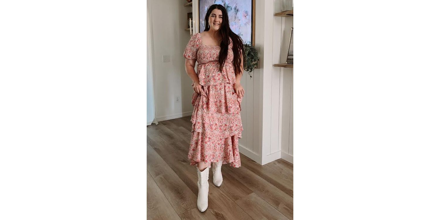 Women's Pink Floral Square Neck Ruffle Layered Maxi Dress