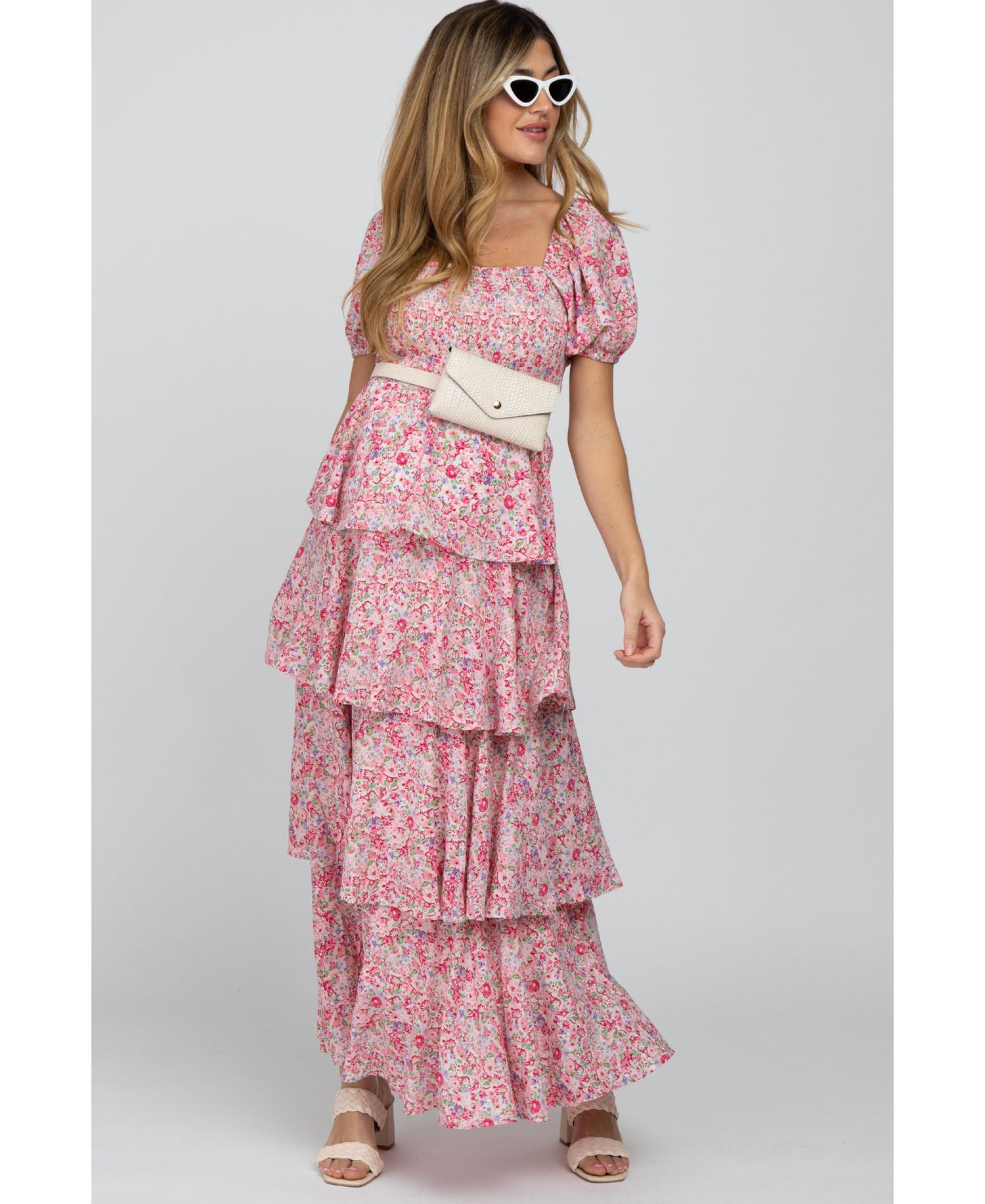 Women's Pink Floral Square Neck Ruffle Layered Maxi Dress