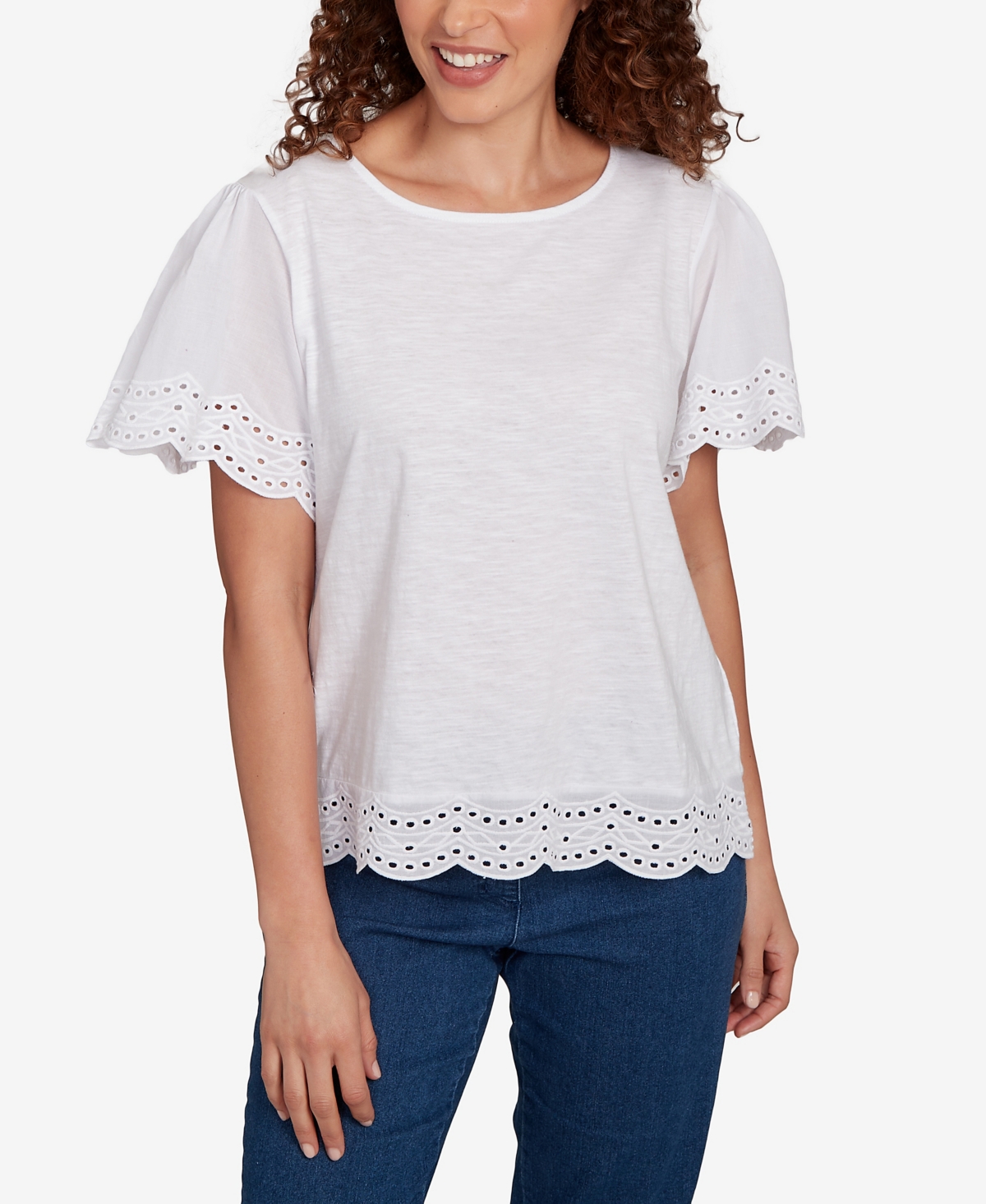 Petite Embroidered Sleeve Solid T-Shirt - White