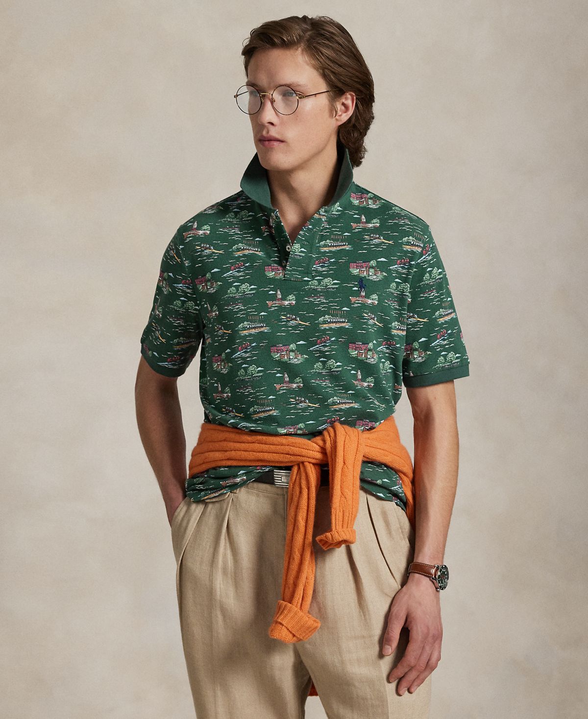 Мужская сетчатая рубашка поло классического покроя с живописным принтом