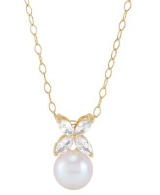 Macy's - Cultured Freshwater Pearl (8mm) & Lab Grown White Sapphire (3/4 ct. t.w.) Flower Pendant Necklace in 14k Gold-Plated Sterling Silver, 16" + 2" extender