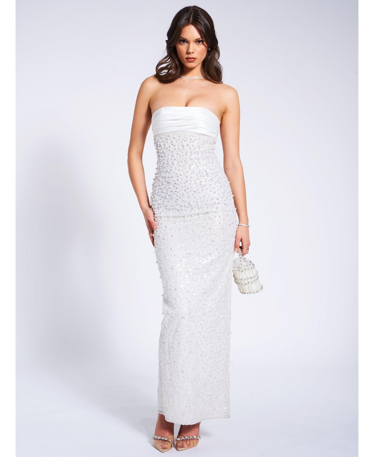 Women's Lainey White Satin Sequin Pearls Beaded Maxi Dress - White