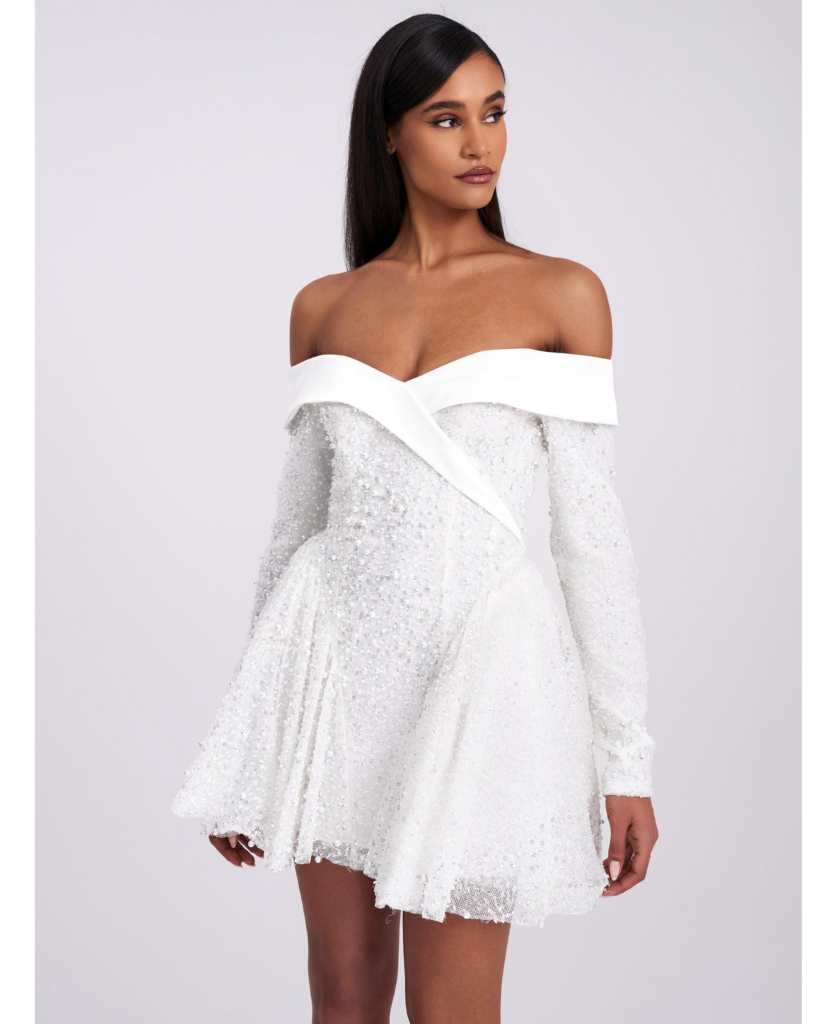 Women's Kira Bead Embroidered Mesh Off Shoulder Long Sleeve Mini Dress - White