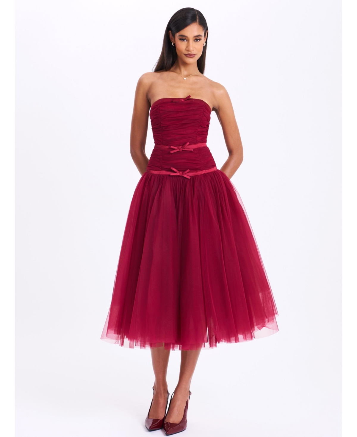 Women's Mabel Burgundy Drop Waist Layered Mesh Midi Puffy Dress with Bow - Dark red