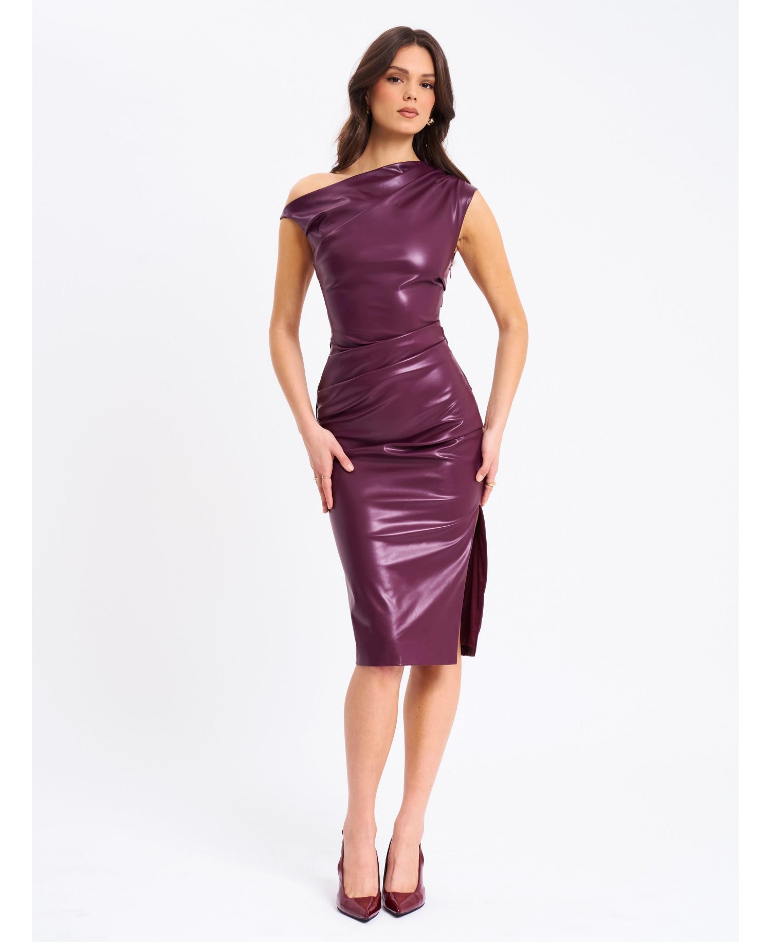 Women's Sabina Purple Leather Slash Neck Midi Dress