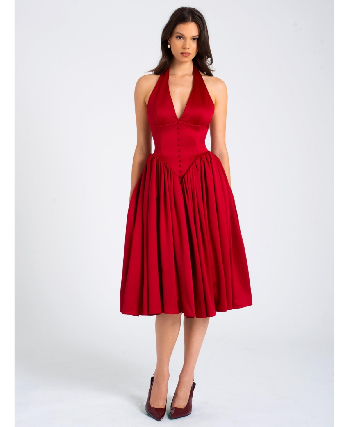 Women's Cara Red Plunging Halter Backless Maxi Dress - Red
