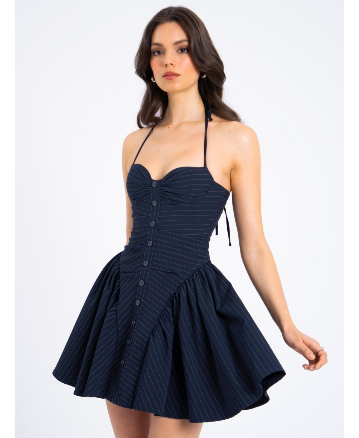 Women's Melody Navy Blue Pinstripe Halter Drop Waist Mini Dress - Navy