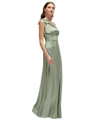 Women's Bow One-Shoulder Fluid Satin Maxi Dress with Full Skirt