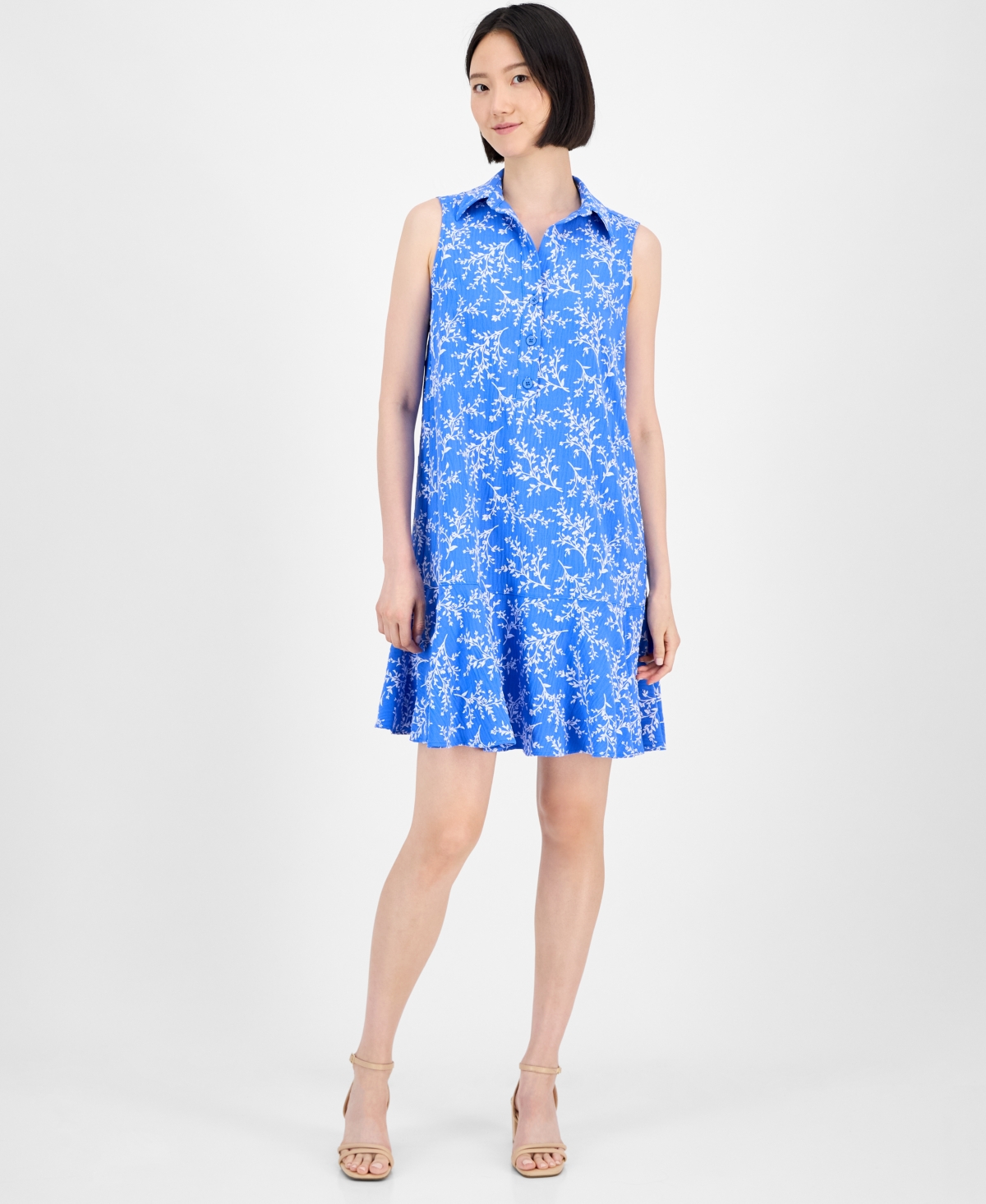 Women's Spread-Collar A-Line Sleeveless Dress - Blue/white