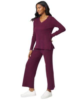 Petite Ribbed-Knit V-Neck Tunic & Pant Sweater Set