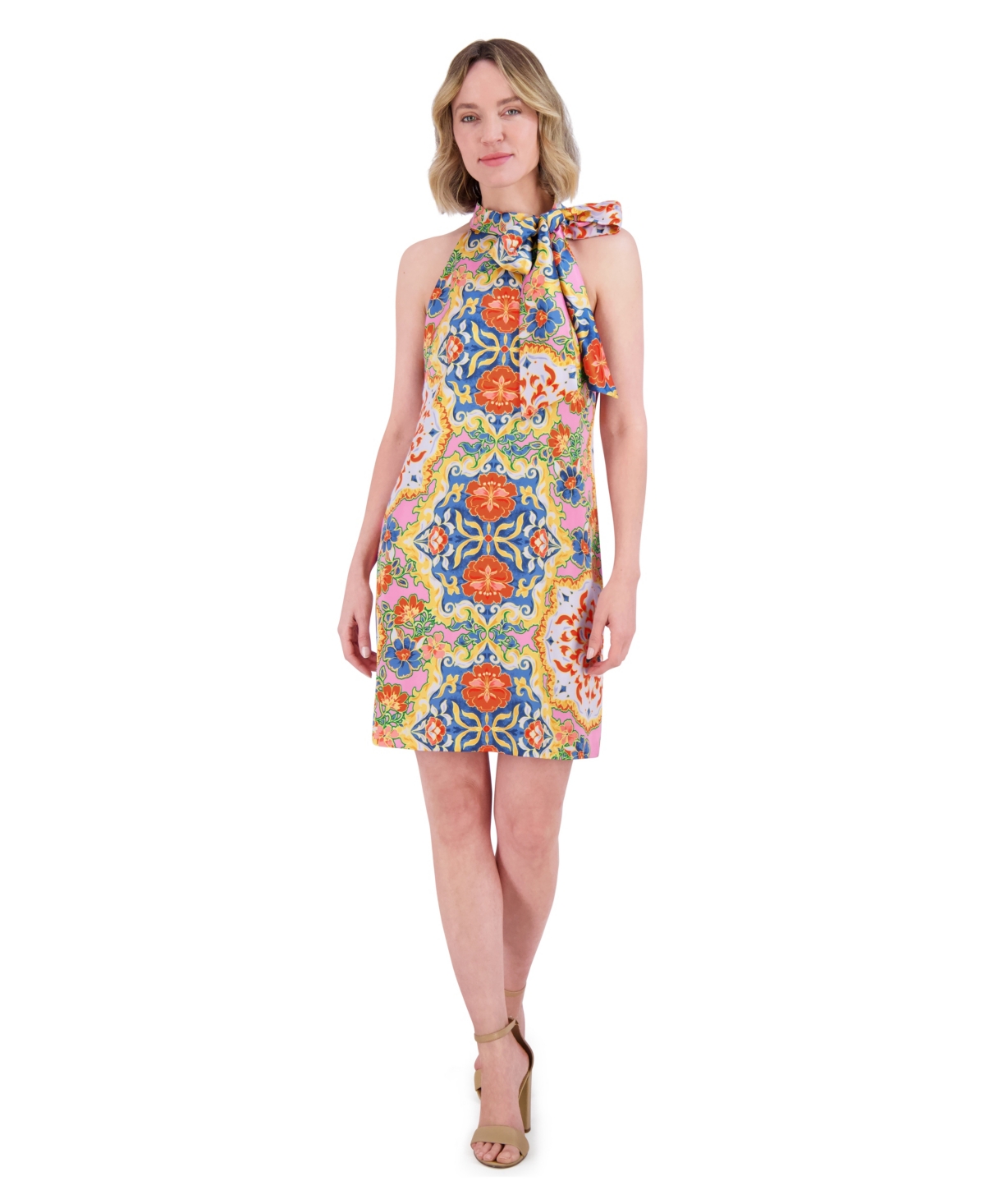 Women's Floral-Print Tie-Neck Dress - Blue