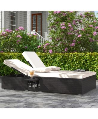 Outdoor Patio Daybed PE Wicker Double Chaise Lounge w/ Adjustable Backrests