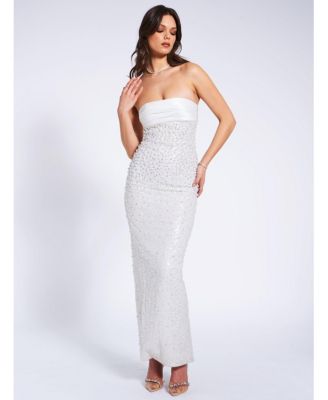 Women's Lainey White Satin Sequin Pearls Beaded Maxi Dress