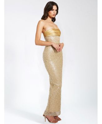 Women's Lainey Gold Satin Sequin Pearls Beaded Maxi Dress