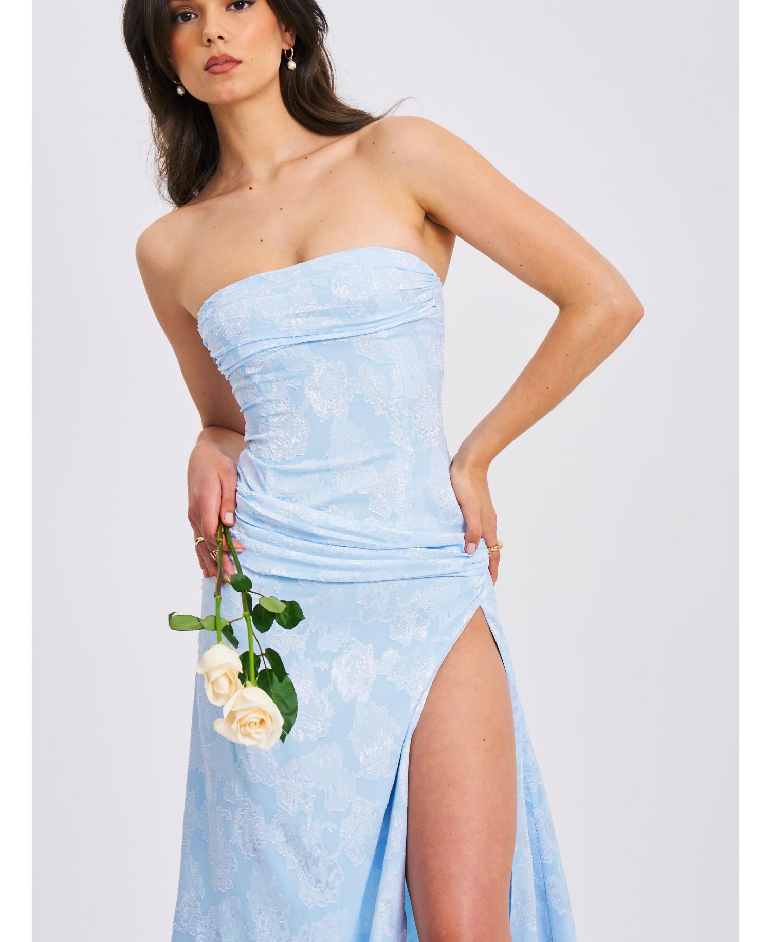 Women's Xatia Baby Blue Jacquard Textured High Slit Maxi Dress