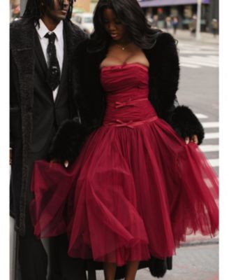 Women's Mabel Burgundy Drop Waist Layered Mesh Midi Puffy Dress with Bow