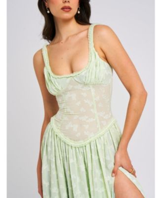 Women's Ulissa Light Green Square Neck Jacquard Textured High Slit Maxi Dress