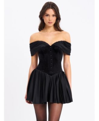 Women's Echo Black Velvet Off-shoulder Pleated Mini Dress