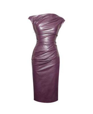 Women's Sabina Purple Leather Slash Neck Midi Dress