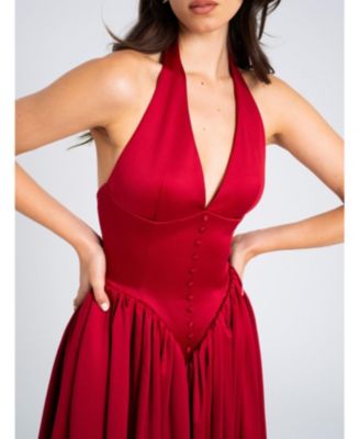 Women's Cara Red Plunging Halter Backless Maxi Dress