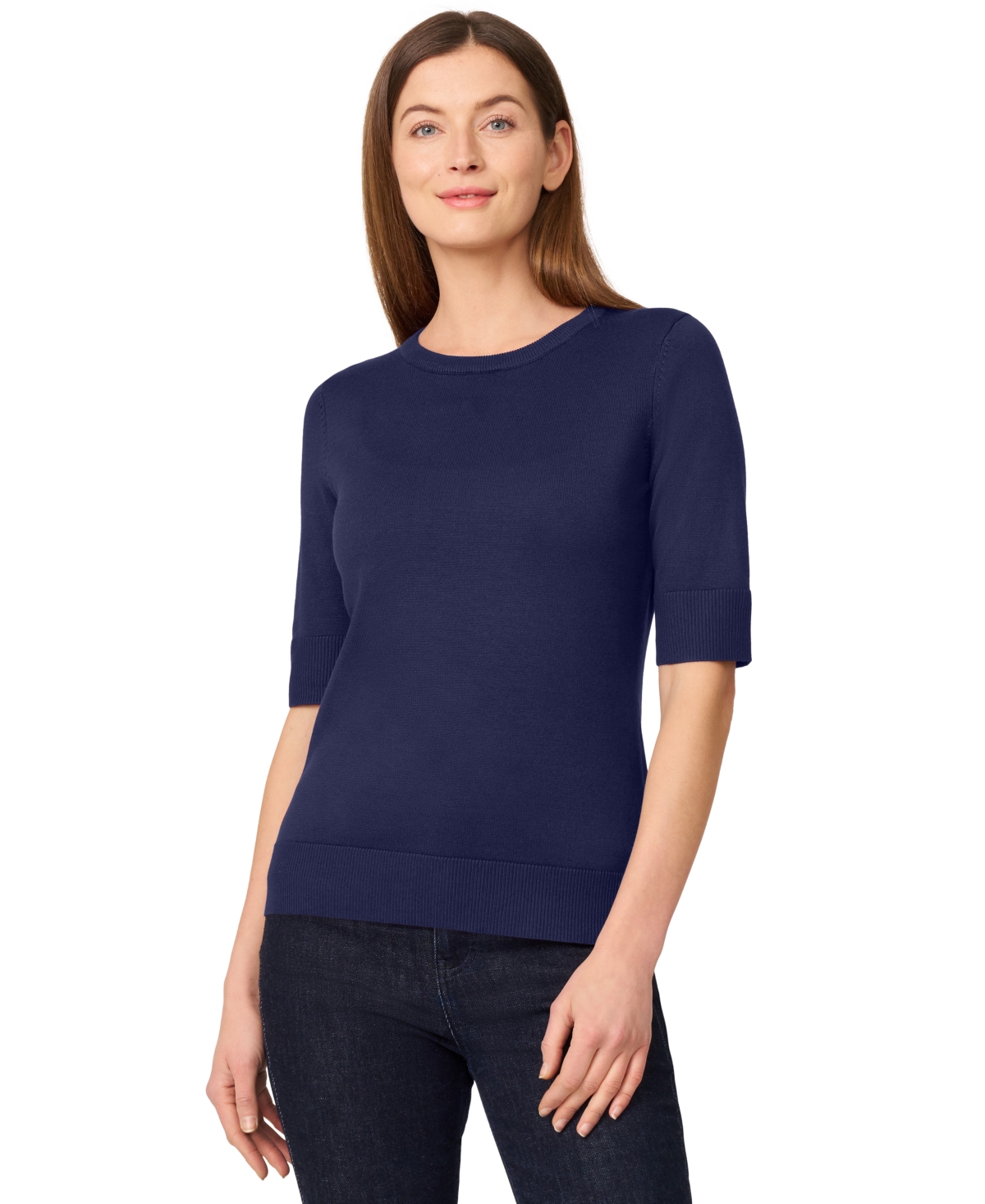 Women's Crew-Neck Elbow-Sleeve Fine-Gauge Sweater - Jet Black