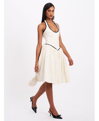 Women's Natalie U Neck Halter Drop Waist Tweed Midi Dress