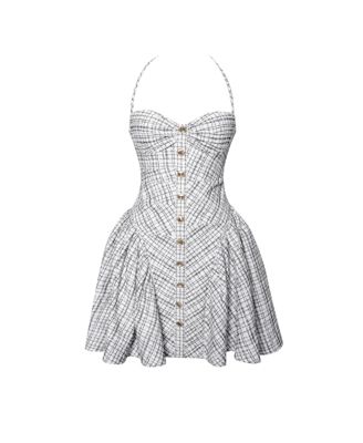 Women's Melody Black and White Plaid Tweed Halter Drop Waist Mini Dress