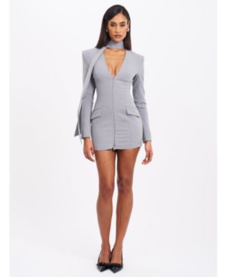 Women's Tahlia Deep V Pinstripes Gray Blazer Dress with scarf collar